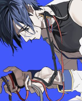 Rule 34 | 1boy, adapted costume, android, black shirt, blue background, blue eyes, blue hair, blue nails, blue trim, blue wrist cuffs, cable, coat, coat partially removed, collarbone, commentary request, cracked skin, damaged, double-parted bangs, ducky102938, empty eyes, exposed internal machinery, frayed cable, from side, hair over eyes, highres, holding, holding cable, kaito (vocaloid), kaito (vocaloid3), korean commentary, long sleeves, looking at hand, looking down, male focus, open clothes, open coat, pale skin, parted lips, pectorals, shirt, short hair, simple background, single bare shoulder, solo, sweatdrop, turtleneck, upper body, vocaloid, white coat, wire, wrist cuffs, yellow trim