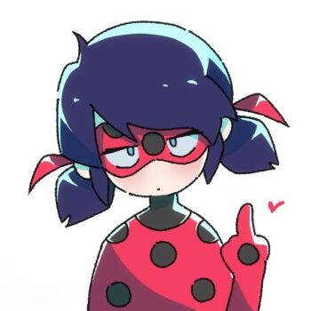 1girl annabird2520 blue_eyes blue_hair bodysuit closed_mouth domino_mask eye_mask hair_ribbon head_tilt heart ladybug_(miraculous_ladybug) looking_at_viewer low_twintails marinette_dupain-cheng mask middle_finger miraculous_ladybug non-web_source polka_dot ribbon solo superhero_costume twintails upper_body