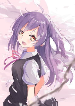 absurdres ahoge arms_behind_back asymmetrical_hair black_skirt black_vest breasts brown_eyes cherry_blossoms day hagikaze_(kancolle) highres hizaka kantai_collection kerchief long_hair looking_to_the_side looking_up neck_ribbon one_side_up open_mouth outdoors petals pleated_skirt purple_hair red_ribbon ribbon short_sleeves signature skirt small_breasts smile solo twitter_username upper_body vest