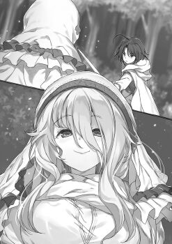 :&lt; ahoge blurry blurry_background breasts buta_koushaku cloak closed_mouth curtained_hair dress francisca_(buta_koushaku) from_behind greyscale hair_between_eyes half-closed_eyes highres holding holding_sword holding_weapon hood hood_up huge_breasts long_hair long_sleeves monochrome multiple_girls multiple_views nauribon non-web_source novel_illustration official_art outdoors outstretched_arm scarf shirt short_hair sidelocks smile standing sword tree tsurime upper_body v-shaped_eyebrows weapon yugiri_asahi_(buta_koushaku)
