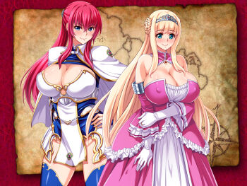 2girls angelica_von_eustest bare_shoulders blonde_hair blue_eyes blush braid breasts cape cleavage closed_mouth covered_erect_nipples cowboy_shot crown detached_collar detached_sleeves dress elisabeth_von_elstein female_focus female_knight frilled_dress frills gloves green_eyes hand_on_own_hip hand_up happy high_ponytail highres huge_breasts knight legs long_hair looking_at_viewer map map_background multiple_girls neroma_shin nose_blush original oujo_&amp;_onna_kishi_w_dogehin_roshutsu_~chijoku_no_misemono_dorei~ pelvic_curtain ponytail princess red_hair shrug_(clothing) simple_background smile standing thighs