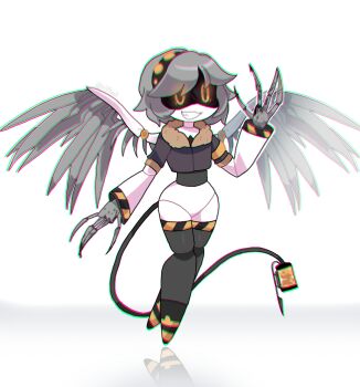 1girl absurdres chibi claws coat colored_skin evil_grin evil_smile female_focus glitch_productions grey_skin grin highres mecha_girl mechanical_tail murder_drones oil robot_girl shiny_skin short_hair smile tail thighhighs v_(murder_drones) wings yellow_eyes