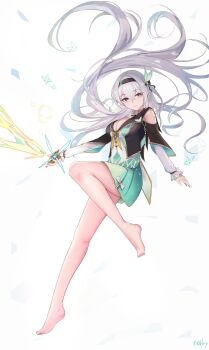 1girl absurdres bare_legs black_hairband black_jacket breasts cleavage cropped_jacket fire firefly_(honkai:_star_rail) floating_hair frilled_sleeves frills green_skirt grey_hair hair_intakes hair_ornament hairband henshin highres honkai:_star_rail honkai_(series) inkeror jacket large_breasts long_hair long_sleeves looking_at_viewer multicolored_eyes neckerchief orange_neckerchief skirt smile solo two-tone_eyes white_background