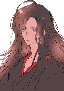 1boy absurdres ahoge black_hair black_hanfu blue_eyes brown_hair chinese_clothes hair_down half_updo hanfu highres long_hair looking_at_viewer modao_zushi naruse_(kmk648) official_alternate_hairstyle parted_bangs parted_lips robe sidelocks simple_background sketch solo upper_body wei_wuxian wei_wuxian_(yiling_laozu) white_background