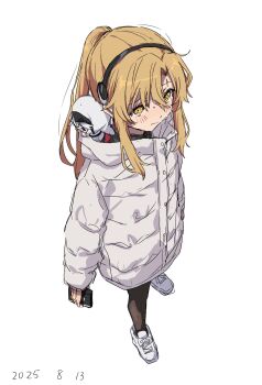 Rule 34 | 1girl, black headband, black pants, blonde hair, blush, character doll, coat, doll, headband, highres, holding, holding phone, koishikawa iko, long hair, pants, phone, ponytail, scar, scar across eyebrow, scar on face, shy (character), shy (series), simple background, sweat, takatisakana, white background, white coat, winter clothes, winter coat, yellow eyes
