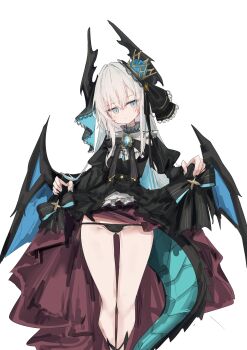 1girl :t absurdres artist_name bare_legs bib_collar black_dress black_horns black_panties black_ribbon blue_eyes blue_gemstone blue_tail blue_wings brooch closed_mouth clothes_lift commentary_request crown dragon_girl dragon_horns dragon_tail dragon_wings dress dress_lift expressionless feet_out_of_frame flashing frilled_shirt_collar frills gem gluteal_fold gothic_lolita high-low_dress highres horns jewelry jitome juliet_sleeves lace_trim large_horns liber_(twinkle_star_knights) lifting_own_clothes light_blush lolita_fashion long_hair long_sleeves looking_at_viewer lowleg lowleg_panties mini_crown neck_ribbon panties pear-shaped_figure petite pout puffy_sleeves red_dress ribbon simple_background slit_pupils solo standing tail thigh_gap twinkle_star_knights twitter_username two-tone_dress underwear variant_set white_background white_hair wings xuhito_(kyoukonohito0)