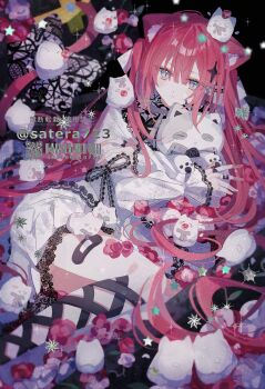 1girl absurdres animal_ear_fluff animal_ears ankle_lace-up bandaid blue_eyes closed_mouth dress flower hair_spread_out highres lace lace-trimmed_dress lace_trim long_hair long_sleeves looking_at_viewer original pink_flower pink_hair slit_pupils sparkle sparkle_hair_ornament stuffed_animal stuffed_toy swept_bangs thighs white_dress yakinikusakoku