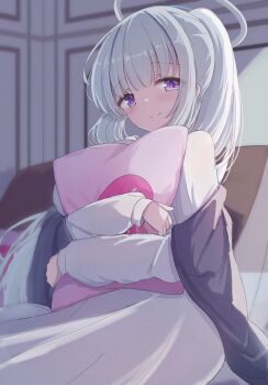 1girl absurdres blue_archive closed_mouth commentary_request commission dress halo highres hugging_object indoors long_hair looking_at_viewer mashiro281 mechanical_halo noa_(blue_archive) noa_(pajamas)_(blue_archive) pajamas pillow pillow_hug pink_pillow pixiv_commission ponytail purple_eyes purple_shawl shawl sitting smile solo white_dress white_hair white_halo yes-no_pillow