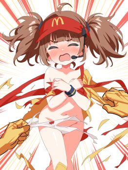 1girl 1other ahoge blush brown_hair cleft_of_venus closed_eyes commentary covering_breasts covering_privates emphasis_lines facing_viewer frown hat headset highres imadake_dabuchi_tabemi mcdonald's navel open_mouth panties pov pussy red_hat short_hair standing tearing_up torn_clothes twintails underwear visor_cap white_panties wristband yokoshima_akunusu