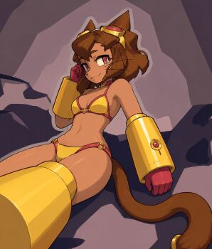 1girl animal_ears bikini breasts brown_background brown_hair cat_ears cat_girl cat_tail cleavage closed_mouth commentary dark-skinned_female dark_skin dylan1wow english_commentary furry furry_female gameoverse goggles goggles_on_head highres kit_bodega navel red_eyes short_hair small_breasts solo swimsuit tail whiskers yellow_bikini yellow_gauntlets