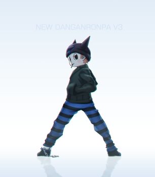 Rule 34 | 1boy, beanie, belt, black belt, black eyes, black hat, black jacket, black pants, black shoes, blue background, blue pants, blush stickers, brown hair, cigarette, closed mouth, collared jacket, commentary request, copyright name, cuffs, danganronpa (series), danganronpa v3: killing harmony, dress shoes, expressionless, fake horns, full body, gradient background, half-closed eye, hands in pockets, hat, horned headwear, horns, hoshi ryoma, jacket, lapels, leather, leather jacket, legs apart, long legs, long sleeves, looking at viewer, looking back, male focus, mouth hold, notched lapels, pants, print headwear, r'l (arul-erur-plant-403), reflective floor, shackles, shoes, short hair, single ankle cuff, solo, standing, striped clothes, striped pants, two-tone background, two-tone pants, white background
