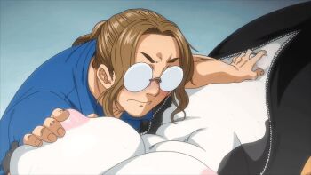 1boy 1girl 2025 20s ajin_ga_osuki_nan_desu_ne animal_pussy animated animated_gif anime_screenshot black_hair black_skin blue_shirt breasts brown_hair closed_eyes colored_skin couple fingering furry furry_female glasses groping groping_breast hetero inverted_nipples large_breasts lying masaki_(ajin_ga_osuki_nan_desu_ne) moaning nipple_stimulation nipples on_back one-piece_swimsuit open_mouth open_swimsuit orange_one-piece_swimsuit orca_girl pointy_ears ponytail pussy pussy_juice queen_bee_(animation_studio) rukka_(ajin_ga_osuki_nan_desu_ne) sharp_teeth shirt short_hair swimsuit tagme tears teeth thick_eyebrows unzipped water wet white_skin zipper