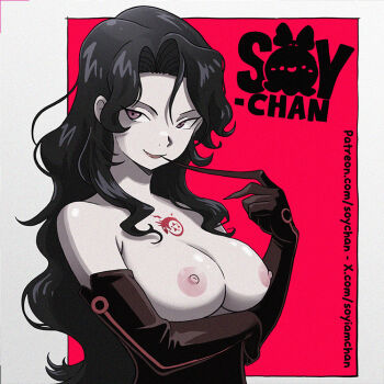 Rule 34 | 1girl, arm under breasts, artist name, black hair, breasts, chest tattoo, closed mouth, commentary, elbow gloves, english commentary, fullmetal alchemist, gloves, large breasts, long hair, looking at viewer, lust (fma), mixed-language commentary, nipples, patreon username, pink eyes, red background, red gloves, revision, smile, solo, soy-chan, tattoo, twitter username, upper body, watermark, web address