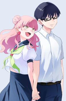 Rule 34 | 1boy, 1girl, :d, black eyes, black hair, blue pants, blue sailor collar, blue skirt, blush, commentary request, double bun, earrings, grey background, hair bun, heart, heart earrings, highres, holding hands, jewelry, kwnri, light smile, looking at another, open mouth, pants, pink hair, sailor collar, school uniform, seihantai na kimi to boku, shirt, simple background, skirt, smile, suzuki miyu (seihantai na kimi to boku), tani yuusuke (seihantai na kimi to boku), white shirt, yellow eyes