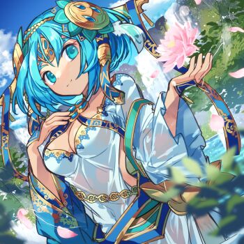 Rule 34 | 1girl, blue dress, blue eyes, blue hair, breasts, cleavage, dress, feathers, flower, gold trim, hair ornament, highres, kuuron (moesann17), large breasts, lotus, outdoors, puzzle &amp; dragons, sarasu (p&amp;d), short hair, sky, smile, solo, water, waterfall, white dress