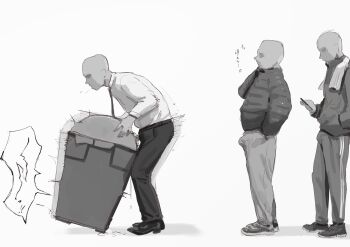 3boys afterimage anger_vein annoyed bald blue_archive bulge cellphone cum erection erection_under_clothes faceless faceless_male from_side full_body fuu_torutanme greyscale hand_in_pocket hand_up highres holding holding_phone jacket japanese_text leaning_forward long_sleeves looking_at_phone looking_down male_focus miyu_(blue_archive) monochrome multiple_boys necktie pants penis phone profile queue saliva sex shirt_tucked_in shoes simple_background sketch smartphone speech_bubble spoken_anger_vein standing talking towel towel_around_neck track_pants translation_request trash_can uncensored white_background
