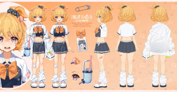 1girl animal_ears asymmetrical_hair bandaid bandaid_on_leg black_skirt bottle breasts character_name crying earclip eimi_isami hair_ornament hair_scrunchie hairclip hamster_ears hamster_girl high_ponytail highres id_card lab_coat looking_at_viewer loose_socks lucidsky medium_breasts multiple_expressions multiple_views navel neckerchief official_art orange_background orange_hair orange_neckerchief orange_ribbon oversized_clothes paperclip patchwork_clothes phase_connect pink_eyes pleated_skirt ponytail reference_sheet ribbon safety_pin school_uniform scrunchie seed shoes short_hair side_ponytail skirt sneakers socks sunflower_seed unbuttoned virtual_youtuber water_bottle wavy_hair white_footwear wispy_bangs