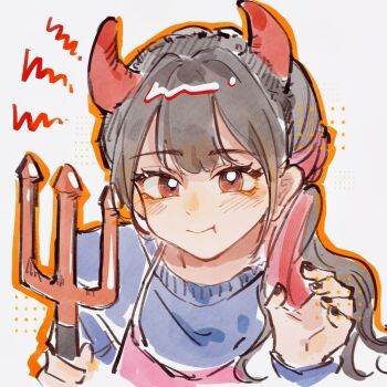 Rule 34 | 1girl, black hair, blue sweater, chinese commentary, claw pose, closed mouth, commentary request, demon horns, hands up, highres, holding, holding polearm, holding weapon, horns, long hair, long sleeves, looking at viewer, moben, multicolored hair, polearm, real life, red eyes, red hair, solo, sweater, two-tone hair, upper body, voice actor, weapon, yabushima akane