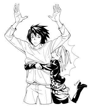 1boy 1girl absurdres amane_misa animal_print arms_up belt black_boots black_hair black_jacket boots closed_eyes concept_art cowboy_shot cropped_legs cross cross_earrings death_note earrings findoworld frown greyscale hair_between_eyes half_updo hetero highres jacket jewelry l_(death_note) leopard_print light_blush miniskirt monochrome no_eyebrows open_mouth print_shirt shirt short_hair skirt smile studded_belt twintails white_background white_shirt