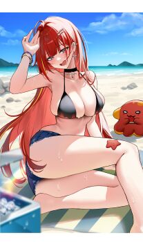 1girl absurdres akane_lize arm_up armpits ass bare_arms bare_legs bare_shoulders barefoot beach bikini black_bikini black_choker blue_shorts breasts choker cleavage cross cross_earrings cutoffs day denim denim_shorts ear_piercing earrings fang grey_eyes hair_ornament hairclip halterneck highres jewelry large_breasts long_hair looking_at_viewer micro_shorts mole mole_on_cheek multicolored_hair open_mouth outdoors picter pienna_(akane_lize) piercing red_hair shorts sitting smile solo stellive streaked_hair string_bikini swimsuit thighs very_long_hair virtual_youtuber wet wristband yokozuwari