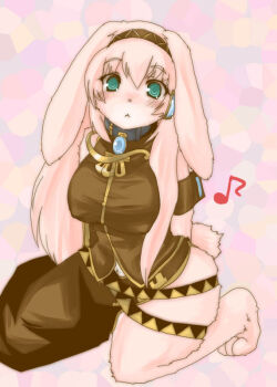 Rule 34 | :<, animal ears, animal hands, barefoot, blush, furry, green eyes, kneeling, long hair, megurine luka, pink hair, rabbit ears, vocaloid