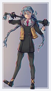 1girl ai_the_somnium_files ai_the_somnium_files:_nirvana_initiative aqua_hair black_dress black_eyes black_gloves black_pantyhose black_shoes border braid buttons closed_mouth collared_shirt commentary dress english_commentary eyelashes full_body gloves hair_between_eyes heterochromia highres holding holding_lead_pipe lead_pipe long_hair lyradazed necktie okiura_mizuki open_clothes open_vest outline pantyhose red_necktie shirt shirt_under_dress shoes smile solo standing twin_braids twintails vest white_border white_outline white_shirt yellow_eyes yellow_vest