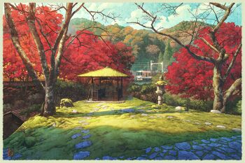 autumn autumn_leaves blue_sky border cloud cloudy_sky day grass japan landscape leaf maple_leaf mugumo_24k no_humans original outdoors revision rock scenery signature sky train tree white_border