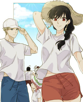 2boys 2girls ^^^ alternate_costume anya_(spy_x_family) baseball_cap black_hair blue_eyes bond_(spy_x_family) braid braided_ponytail breasts child cloud commentary_request dog drawstring earrings family gold_earrings green_ribbon hair_over_shoulder hat hat_ribbon highres husband_and_wife jewelry long_hair low_ponytail medium_breasts midriff_peek multiple_boys multiple_girls pink_hair ponytail red_eyes red_shorts revision ribbon shirt short_hair short_sleeves shorts smile spy_x_family standing straw_hat sun_hat sunbo_zatta t-shirt twilight_(spy_x_family) very_short_hair white_hat white_shirt yor_briar yuri_briar