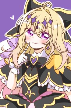 Rule 34 | 1girl, antenna hair, black bow, black bowtie, black capelet, black dress, blonde hair, bow, bowtie, brooch, capelet, commentary request, cure arcana shadow, diamond hairband, dress, earrings, frilled capelet, frills, gloves, gradient hair, hair intakes, heart, heart brooch, highres, jewelry, long hair, looking at viewer, magical girl, meitantei precure!, moria luluka, multicolored hair, outline, precure, purple background, purple eyes, purple veil, simple background, solo, veil, wakana1327, white gloves, white outline