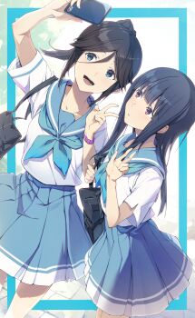 2girls 3s_(tarariko) black_hair blue_eyes blue_neckerchief blue_skirt commentary_request hibike!_euphonium highres kasaki_nozomi kitauji_high_school_uniform liz_to_aoi_tori multiple_girls neckerchief school_uniform selfie shirt short_sleeves skirt smile v white_background white_shirt yoroizuka_mizore