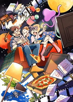 >_o 1boy 2girls artist_name barefoot blanket blue_dress blue_pants book brown_hair bucket calico_(pattern) cat child coffee_mug commentary commentary_request controller couch crooked_eyewear cup dress earth_(planet) english_commentary english_text fantasy film_strip food glasses grey_hoodie grey_shirt hair_ornament hairclip highres hood hoodie index_finger_raised jellyfish kneehighs lamp mars_(planet) menu mixed-language_commentary moon mug multiple_girls noi_pulaco on_couch one_eye_closed open_book open_mouth orange_hair original outstretched_arm pants parallel_hairclips pillow pink_socks pizza pizza_box pizza_slice planet plant popcorn potted_plant print_pillow print_shirt rectangular_eyewear remote_control satellite shirt shoes short_hair shorts slippers smile socks space spill star_(sky) star_(symbol) star_print t-shirt teeth three-quarter_sleeves unworn_shoes upper_teeth_only watch wavy_mouth wristwatch yellow_shorts yellow_socks
