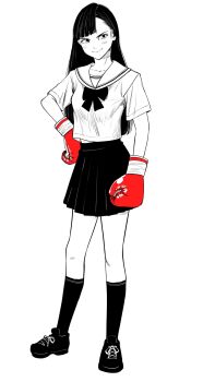 1girl asymmetrical_bangs bow boxing_gloves breasts commentary_request full_body gloves hand_on_own_hip highres kneehighs lee_(dragon_garou) light_blush long_hair medium_breasts miniskirt monochrome original pleated_skirt red_gloves school_uniform serafuku skirt smile socks solo spot_color