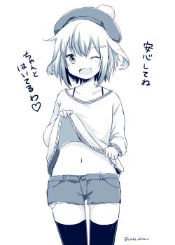 1girl alternate_costume blush bra_strap clothes_lift collarbone commentary_request cowboy_shot double-parted_bangs greyscale hair_between_eyes hair_ornament hairpin hat highres ikazuchi_(kancolle) kantai_collection lifting_own_clothes long_sleeves looking_at_viewer medium_hair midriff monochrome motohara_moka navel one_eye_closed open_mouth shirt_lift short_shorts shorts sidelocks simple_background solo standing thighhighs translation_request twitter_username