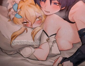 1boy 1girl arm_cutout armor bed_sheet behind_another black_bodysuit black_bridal_gauntlets black_eyes black_hair blonde_hair blue_flower blush bodysuit breasts bridal_gauntlets clothing_cutout couple covered_collarbone detached_sleeves eyelashes eyeliner eyeshadow flower genshin_impact gold_ring hair_between_eyes hair_flower hair_ornament head_on_pillow hetero hugging_object japanese_armor kote kurokote looking_at_another looking_back lumine_(genshin_impact) lying lying_on_person makeup meilynn-hayakan middle_ring multicolored_flower on_bed on_stomach open_mouth pillow pillow_hug prone_bone red_eyeliner red_eyeshadow scaramouche_(genshin_impact) sex sex_from_behind short_hair short_hair_with_long_locks sideboob sidelocks sleeveless sleeveless_bodysuit steaming_body sweat teeth topless_female twitter_username uneven_eyes upper_teeth_only vambraces wanderer_(genshin_impact) watermark white_flower white_sleeves yellow_eyes