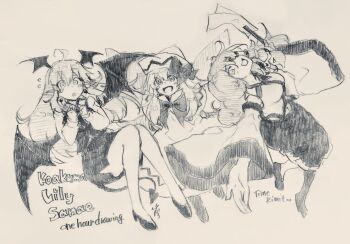 3girls :d :o ahoge bare_shoulders bat_wings black_shoes black_skirt black_vest black_wings blush bow bowtie breasts buttons carbohydrate_(asta4282) character_name collared_shirt commentary demon_tail detached_sleeves dot_nose dress earrings english_commentary english_text engrish_text fairy_wings floating_earrings flying_sweatdrops frog_hair_ornament full_body gohei hair_between_eyes hair_ornament hair_tubes hat hat_bow head_wings highres jewelry koakuma kochiya_sanae lily_white long_hair long_sleeves looking_at_viewer looking_to_the_side medium_breasts midriff_peek multiple_girls navel necktie one-hour_drawing_challenge open_mouth own_hands_together pencil_skirt pointy_ears ranguage shirt shoes sidelocks simple_background sketch skirt skirt_set sleeveless sleeveless_shirt smile snake_hair_ornament solo striped_clothes striped_dress striped_hat tail touhou vest white_background white_dress white_shirt wide-eyed wide_sleeves wings