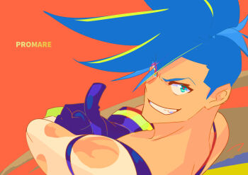 Rule 34 | 1boy, blue hair, copyright name, from above, galo thymos, gloves, matahei, mohawk, orange background, promare, signature, smile, solo, thumbs up