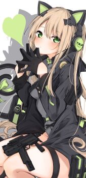 Rule 34 | 1girl, 7:08, animal ear headphones, animal ears, b&amp;t mp9, black gloves, black jacket, blonde hair, blush, cat ear headphones, cat ears, commentary, fake animal ears, girls' frontline, gloves, green eyes, grey leotard, gun, headphones, heart, highres, jacket, leotard, long hair, looking at viewer, sitting, solo, steepled fingers, submachine gun, tmp (girls' frontline), weapon