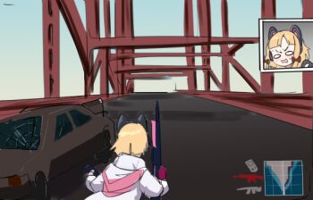 1girl animal_ear_headphones animal_ears annoyed blue_archive bridge car cat_ear_headphones cat_ears crack cracked_glass cracked_window day fake_animal_ears formerly from_behind gun headphones holding holding_gun holding_rifle holding_weapon jacket long_sleeves meme momoi_(blue_archive) motor_vehicle orange_hair pewdiepie's_pubg_livestream_n-word_controversy_(meme) playerunknown's_battlegrounds racist_momoi_(meme) reaction rifle short_hair solo sweatdrop weapon wide_shot