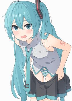 1girl absurdres aqua_eyes aqua_hair arm_tattoo auhuheben17 blush cowboy_shot dressing hair_between_eyes hair_ornament hatsune_miku highres looking_at_viewer necktie number_tattoo open_mouth panties shirt striped_clothes striped_panties tattoo twintails underwear vocaloid