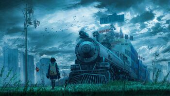 1girl backpack bag bird black_hair black_jacket black_shorts black_thighhighs building cat chooco_(chocoshi) city commentary from_behind grass green_eyes highres jacket original overcast oversized_object post-apocalypse power_lines radio_antenna radio_tower road_sign scenery shorts sign sky standing thighhighs train utility_pole very_long_sleeves