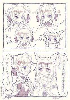 Rule 34 | 2girls, anger vein, automaton (object), bare shoulders, black collar, black sleeves, collar, columbina (genshin impact), commentary request, detached collar, detached sleeves, dress, genshin impact, gloves, hair ornament, head wings, headdress, highres, long hair, long sleeves, multiple girls, multiple wings, open mouth, ribbon, runa (runa7733), sandrone (genshin impact), short hair with long locks, simple background, smile, thinking, translation request, very long hair, white background, white dress, white gloves, white headdress, white wings, winding key, wing hair ornament, wings