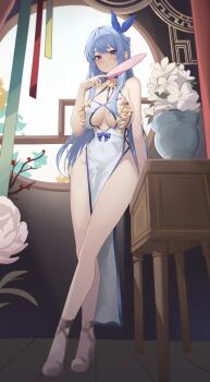 1girl absurdres bare_arms bare_legs bare_shoulders blue_choker blue_eyes blue_hair breasts china_dress chinese_clothes choker cleavage clothing_cutout crossed_legs dress hair_ribbon halterneck hand_fan hand_up high_heels highres holding holding_fan indoors large_breasts long_hair looking_at_viewer no_panties nootak original parted_lips pelvic_curtain plant potted_plant revealing_clothes ribbon sideless_outfit sleeveless sleeveless_dress solo spaghetti_strap standing table thighs underboob underboob_cutout very_long_hair watson_cross white_dress