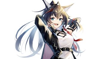 1girl :d absurdres animal_ear_fluff animal_ears aqua_eyes arknights arms_behind_head black_hair black_jacket blaze_(arknights) blaze_the_igniting_spark_(arknights) breasts cleavage cleavage_cutout clothing_cutout commentary_request hair_between_eyes highres jacket long_hair long_sleeves medium_breasts open_clothes open_jacket open_mouth shirt simple_background smile solo u_yuz_xx upper_body white_background white_shirt