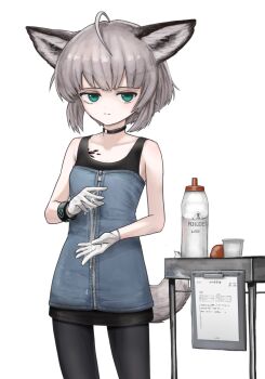 1girl animal_ears arknights bare_shoulders black_choker black_pantyhose bracelet choker closed_mouth collarbone cowboy_shot expressionless female_focus fox_ears fox_girl fox_tail gloves green_eyes grey_hair highres infection_monitor_(arknights) jewelry looking_at_viewer lube material_growth mildt oripathy_lesion_(arknights) pantyhose short_hair simple_background solo standing sussurro_(arknights) tail white_background white_gloves