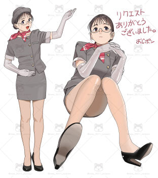 1girl black_shoes brown_eyes brown_hair closed_mouth commentary_request elbow_gloves glasses gloves grey_hat grey_skirt hat high_heels highres interlocked_fingers ojipon open_mouth original own_hands_together pencil_skirt red_scarf scarf shoes short_sleeves simple_background skirt watermark white_background