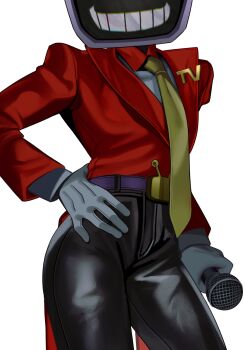 1boy absurdres ant_tenna belt belt_buckle black_pants buckle collared_shirt commentary commentary_request cowboy_shot deltarune english_commentary gloves hand_on_own_hip highres holding holding_microphone male_focus microphone necktie object_head pants purple_belt shirt simple_background solo tailcoat teeth utdr_(toby_fox) valve_core white_background white_gloves white_shirt yellow_necktie