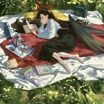 1girl aritsuno black_eyes black_hair black_skirt black_wings blanket blue_archive book bread commentary_request feathered_wings flower food glass grass halo highres ichika_(blue_archive) long_hair long_skirt long_sleeves looking_to_the_side lying on_side open_book radio red_halo see-through_clothes see-through_legwear shirt skirt solo teapot thermos tray white_shirt wings