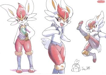 1girl :> animal_hands animal_nose arm_at_side artist_name blue_fur body_fur bottomless bright_pupils buck_teeth cinderace cinderace_(guardian) closed_mouth cropped_legs female_focus flat_chest full_body furry furry_female gen_8_pokemon groin hand_on_own_hip hands_up happy highres j.jama jumping kicking leg_up legs looking_down matching_hair/eyes multicolored_fur multiple_views nintendo open_mouth painting_(medium) pawpads poke_ball_symbol pokemon pokemon_(creature) pokemon_unite rabbit_ears rabbit_girl rabbit_tail red_eyes red_fur red_hair scan shiny_skin short_hair short_tail signature simple_background sleeveless smile standing tail tassel teeth thighs traditional_media twitter_username two-tone_shirt watercolor_(medium) white_background white_fur white_pupils yellow_fur