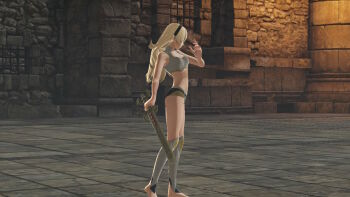 1girl 3d armor armpits ass bare_shoulders barefoot black_hairband bra breasts broken_armor building cleavage collarbone female_corrin_(fire_emblem) feet female_focus fighting_pose fighting_stance fingernails fire_emblem fire_emblem_fates fire_emblem_warriors from_side full_body gameplay_mechanics hair_between_eyes hair_ornament hairband holding holding_sword holding_weapon intelligent_systems legs long_hair medium_breasts midriff multicolored_underwear nails navel neck nintendo official_underwear outdoors pale_skin panties pointy_ears red_eyes ruins silver_hair sky standing sword thighs tiptoes underwear underwear_only weapon yato_(fire_emblem)