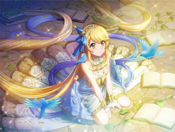 1girl :t absurdly_long_hair bird blonde_hair blue_dress book bracer cosplay dress furrowed_brow game_cg hair_ornament headpiece jewelry long_hair official_art on_ground ootsuki_aruru open_book pout rapunzel_(fairy_tale) rapunzel_(fairy_tale_character) rapunzel_(fairy_tale_character)_(cosplay) shoujo_kageki_revue_starlight shoujo_kageki_revue_starlight_-re_live- sitting solo very_long_hair yellow_eyes